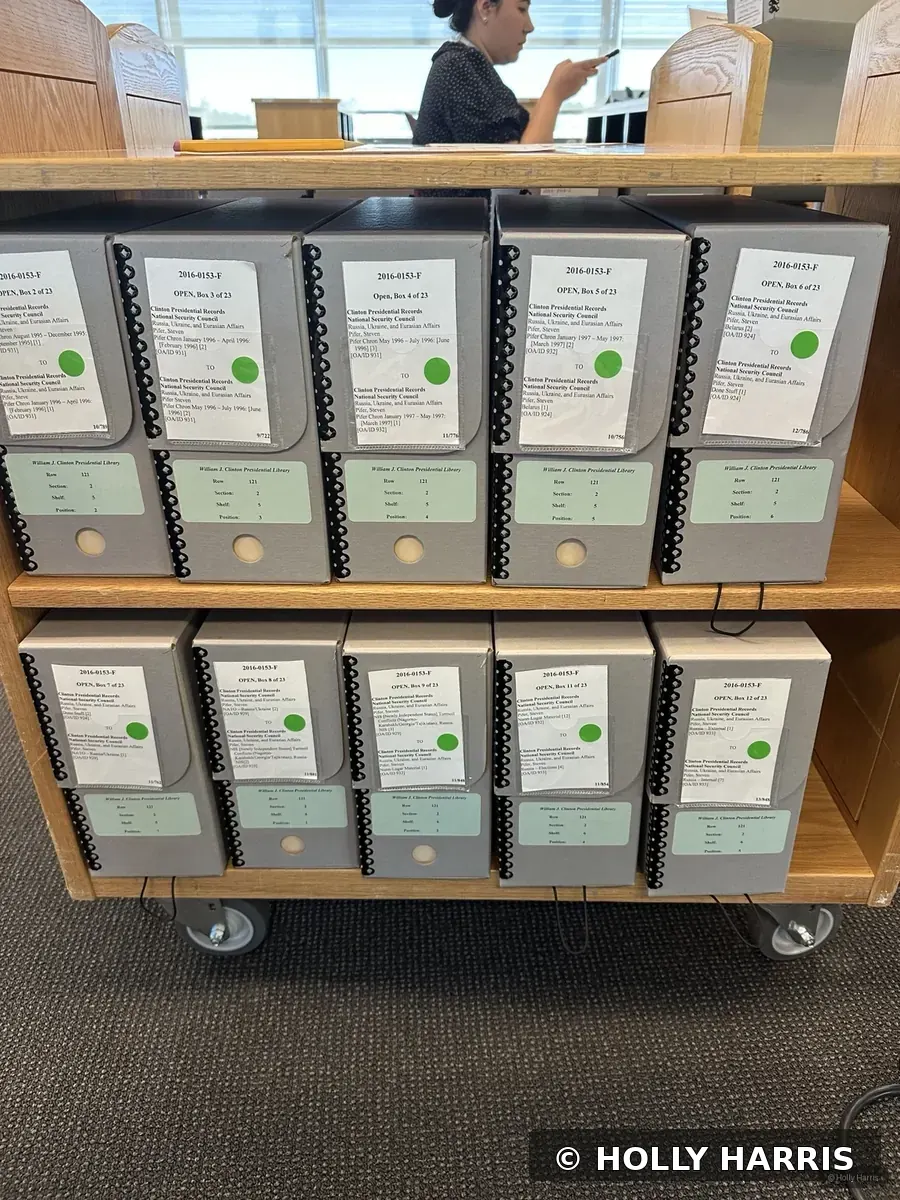 Archival research boxes at the William J. Clinton Presidential Library